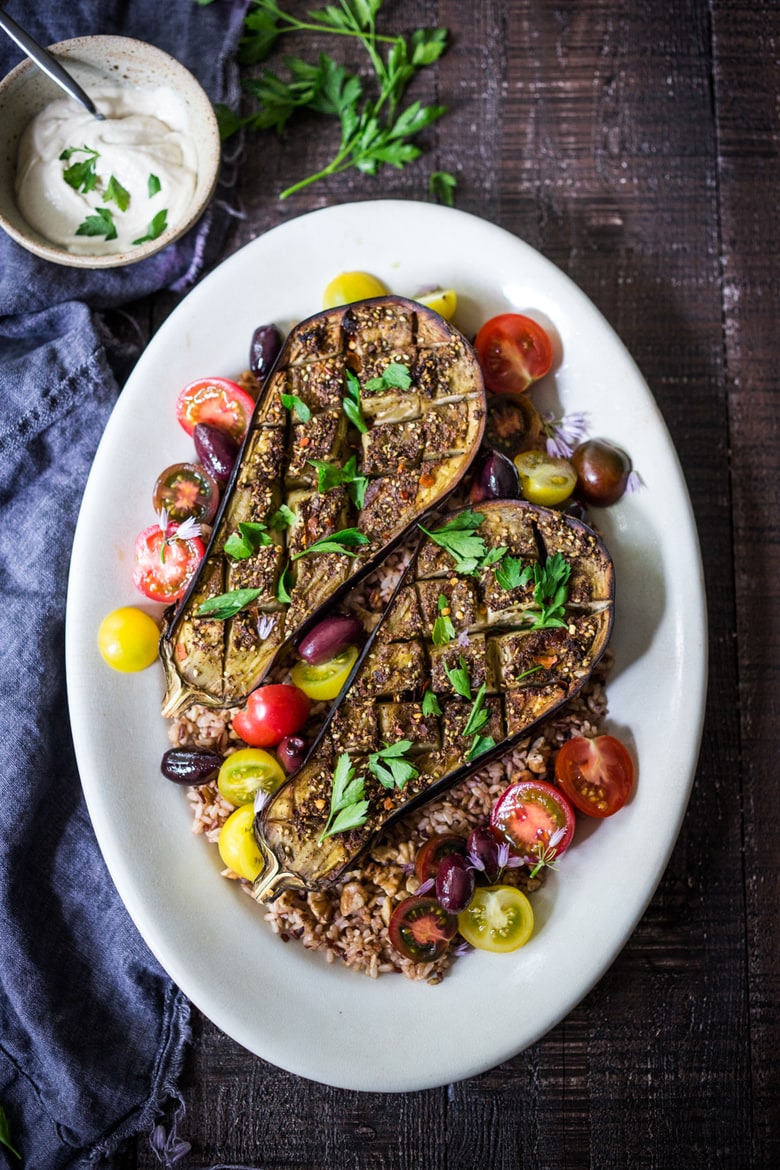 zaatar eggplant on a platter