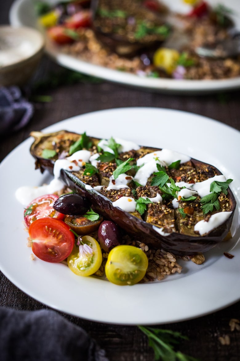 Crosshatched Zataar Roasted Eggplant served over rice or grains with lemony tahini sauce, plain yogurt or tzatzki sauce. Vegan, Gluten-free! | www.feastingathome.com 