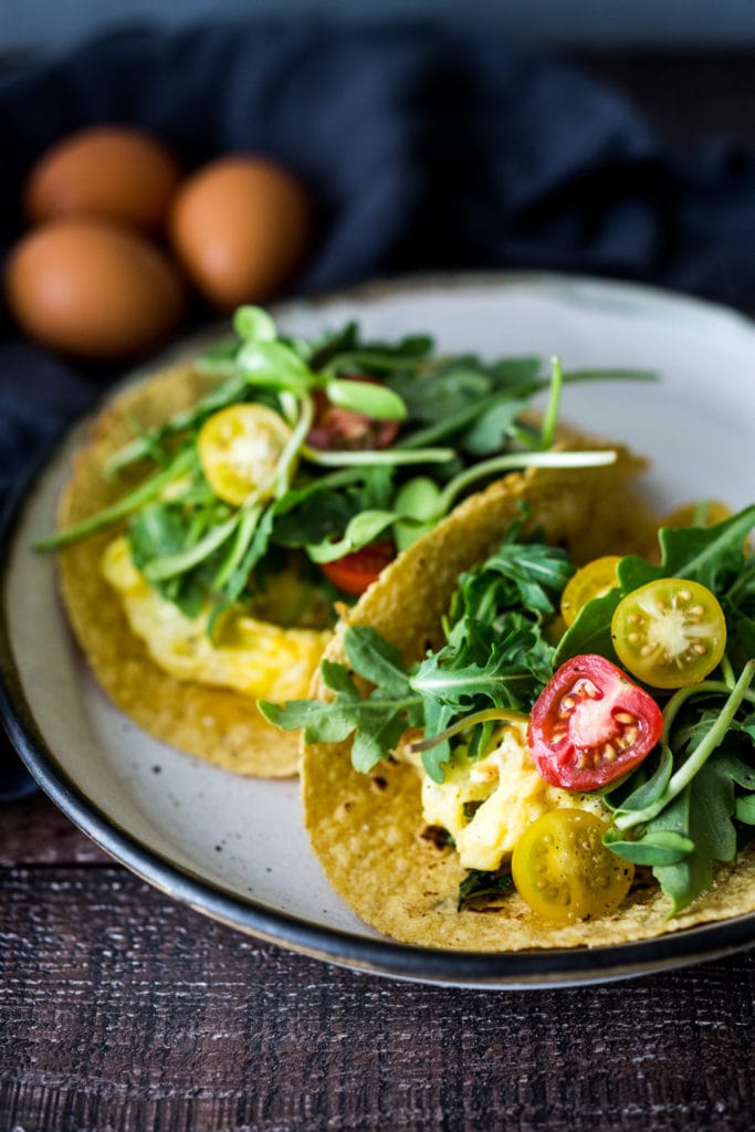 Quick and easy egg tacos!  These scrambled egg tacos are perfect for breakfast or a quick dinner or even late night snack. 