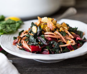 Garlicky Chard Pasta with lemon zest and toasted bread crumbs- a fast and flavorful vegan meal!