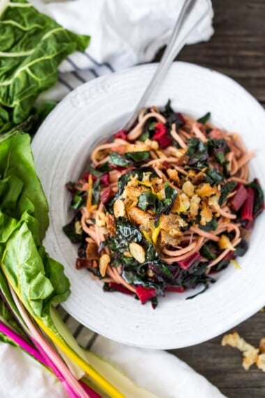 Garlicky Chard Pasta with lemon zest, garlic chips, and toasted bread crumbs is vegan, gluten-free adaptable and can be made in 30 minutes flat!