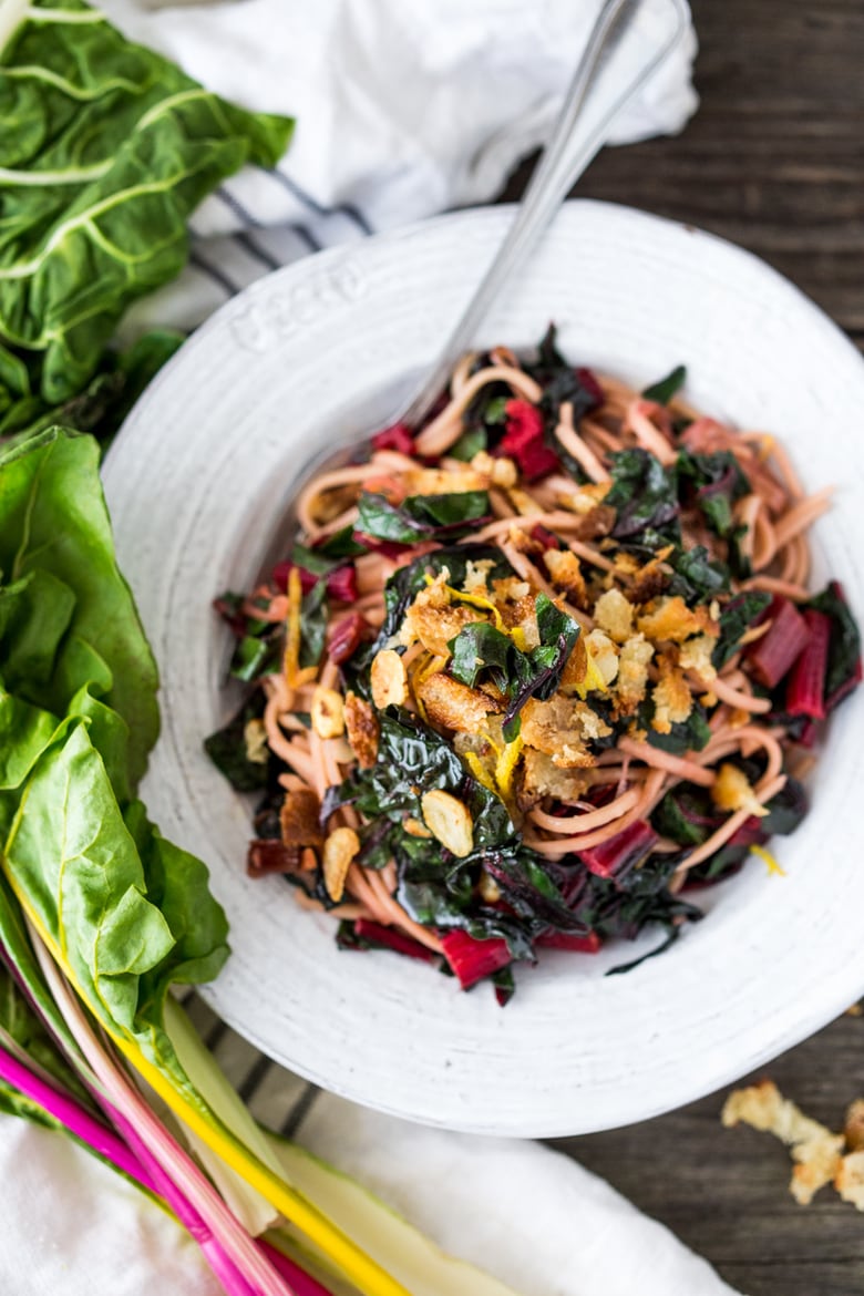 Garlicky Chard Pasta with lemon and toasted bread crumbs- a healthy vegan 30 minute meal. | www.feastingathome.com