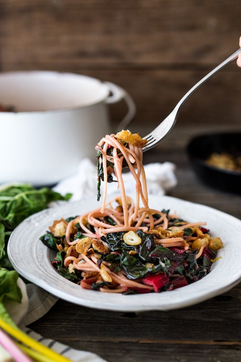 Garlicky Chard Pasta with lemon and toasted bread crumbs- a healthy vegan 30 minute meal. | www.feastingathome.com
