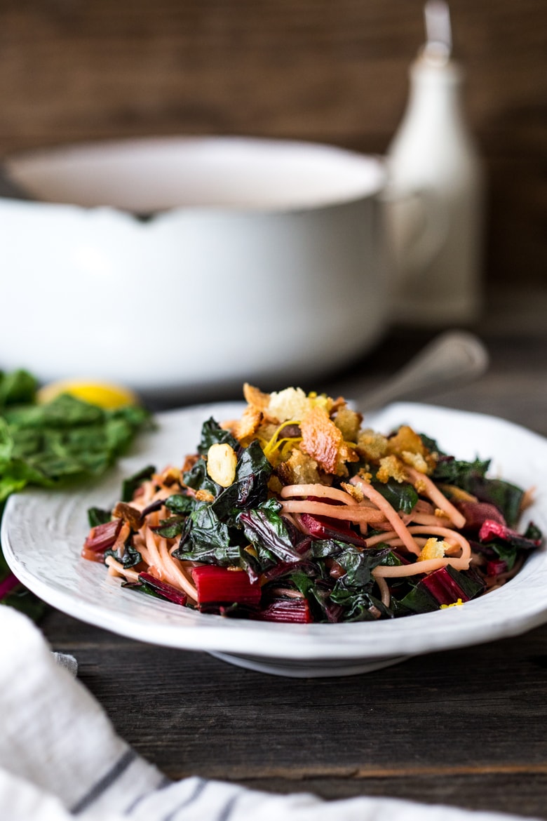 Garlicky Chard Pasta with lemon and toasted bread crumbs- a healthy vegan 30 minute meal. | www.feastingathome.com