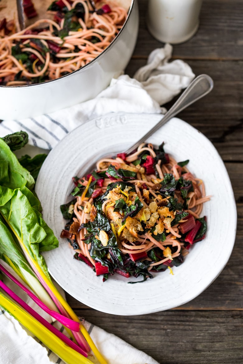 Garlicky Chard Pasta with lemon and toasted bread crumbs- a healthy vegan 30 minute meal. | www.feastingathome.com