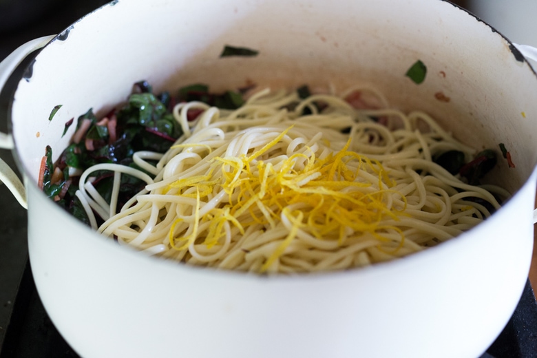 Garlicky Chard Pasta with lemon and toasted bread crumbs- a healthy vegan 30 minute meal. | www.feastingathome.com