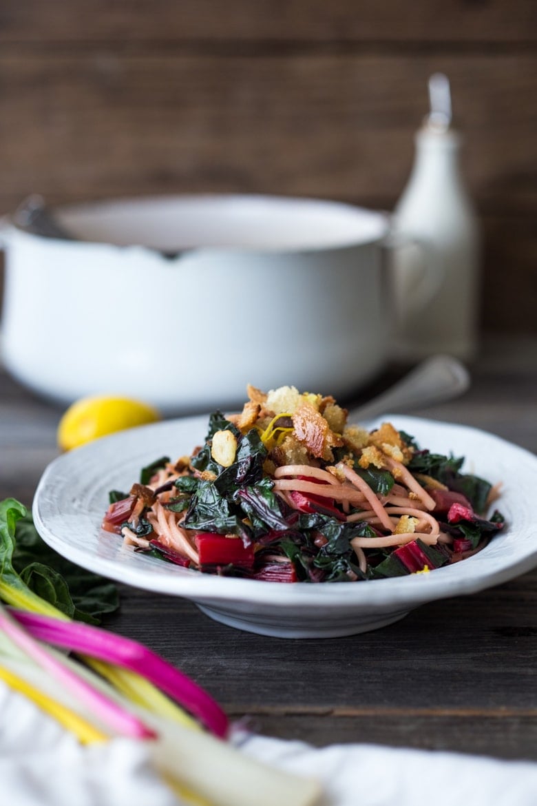 20 Healthy Pasta Recipes with MORE veggies than pasta: like this vegan CHARD PASTA with garlic, lemon and toasted breadcrumbs. #veganpasta #chardrecipes #swisschard #healthy #pasta #vegan