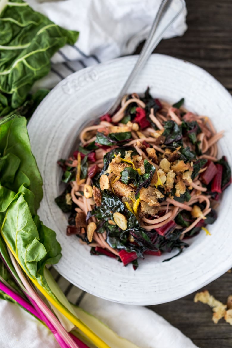 Garlicky Chard Pasta with Toasted Bread Crumbs- a delicious way to use up all that summer chard! #chard #pasta #vegan 