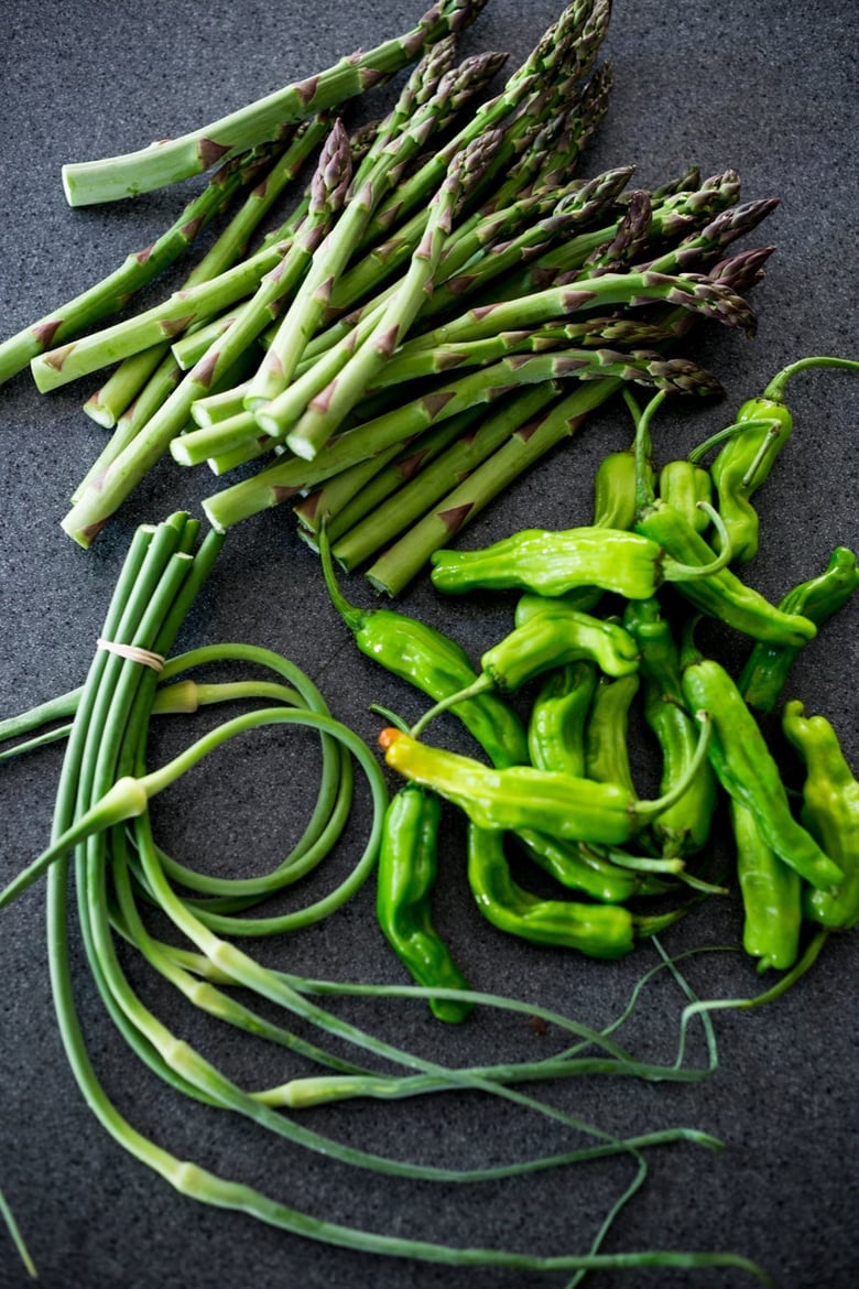 Grilled Garlic Scapes, Asparagus and Shishito Peppers with Sesame - a vegan, gluten-free adaptable side dish, perfect for summer! | www.feastingathome.com 