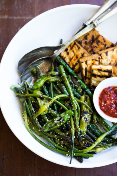  Grilled Asparagus with Garlic Scapes & Shishito Peppers tossed with a simple, Asian-Style Marinade then grilled to perfection- a vegan, gluten-free adaptable side dish, perfect for summer that can be paired with your choice of protein. 