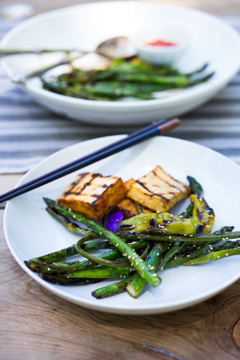 Grilled Garlic Scapes, Asparagus and Shishito Peppers with Sesame - a vegan, gluten-free adaptable side dish, perfect for summer! | www.feastingathome.com 