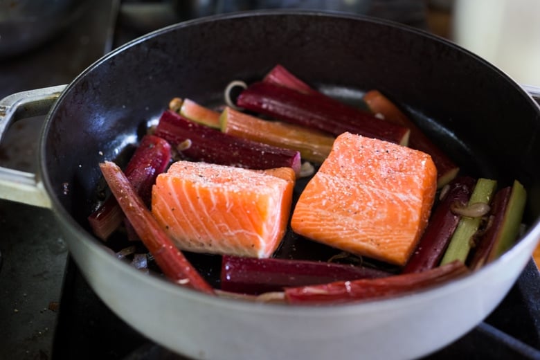 Roasted Salmon with Rhubarb and Chard- a quick healthy meal that can be made in 30 minutes. |www.feastingathome.com