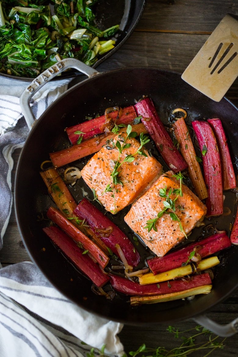 Roasted Salmon with Rhubarb and Chard- a quick healthy meal that can be made in 30 minutes. |www.feastingathome.com