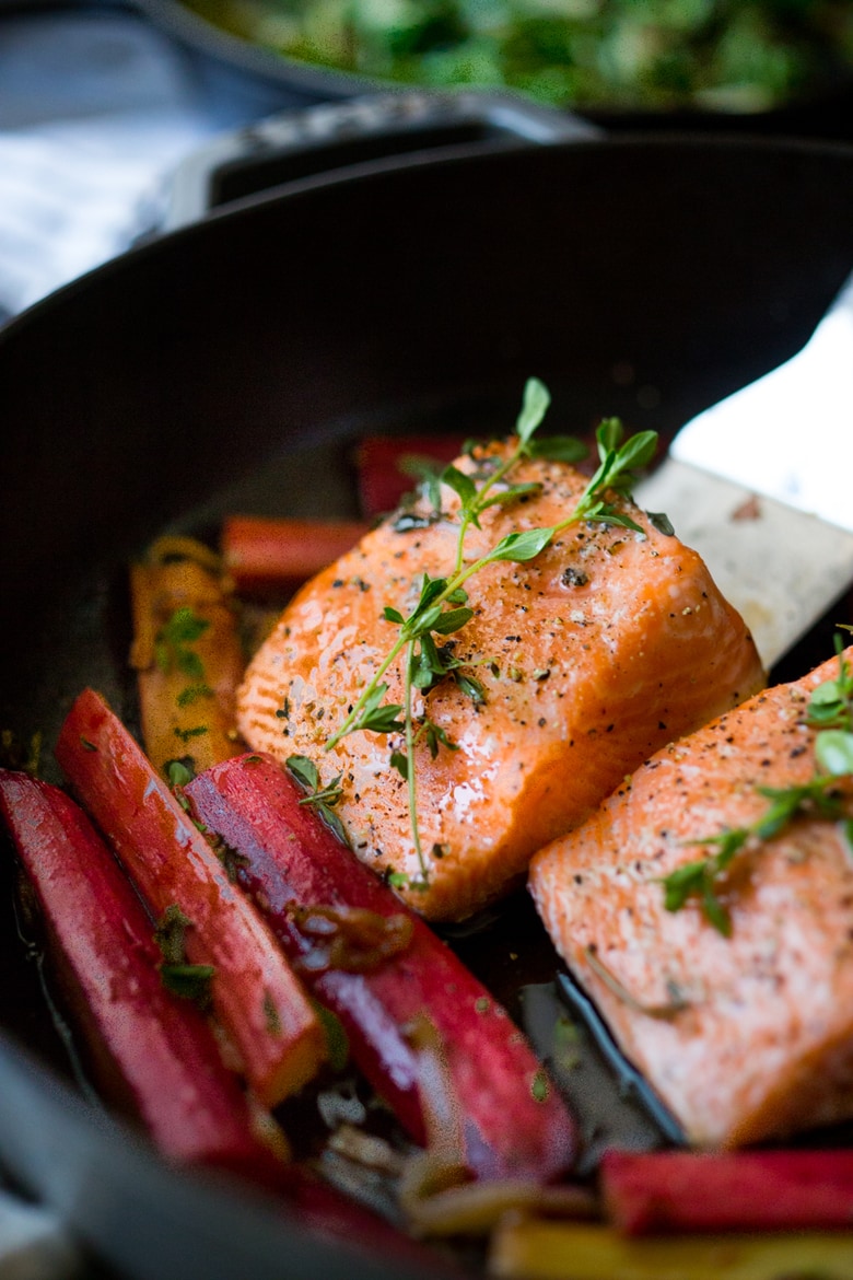 Roasted Salmon with Rhubarb and Chard- a quick healthy meal that can be made in 30 minutes. |www.feastingathome.com