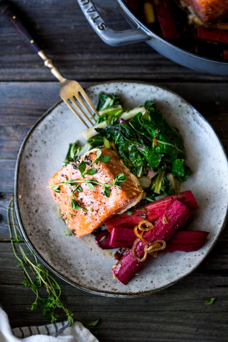 Roasted Salmon with Rhubarb and Chard- a quick healthy meal that can be made in 30 minutes. |www.feastingathome.com