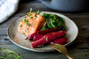 Roasted Salmon with Rhubarb and wilted chard. | www.feastingathome.com