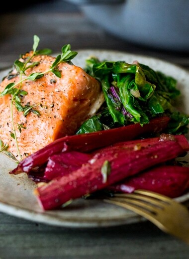 Roasted Salmon with Rhubarb and wilted chard. | www.feastingathome.com