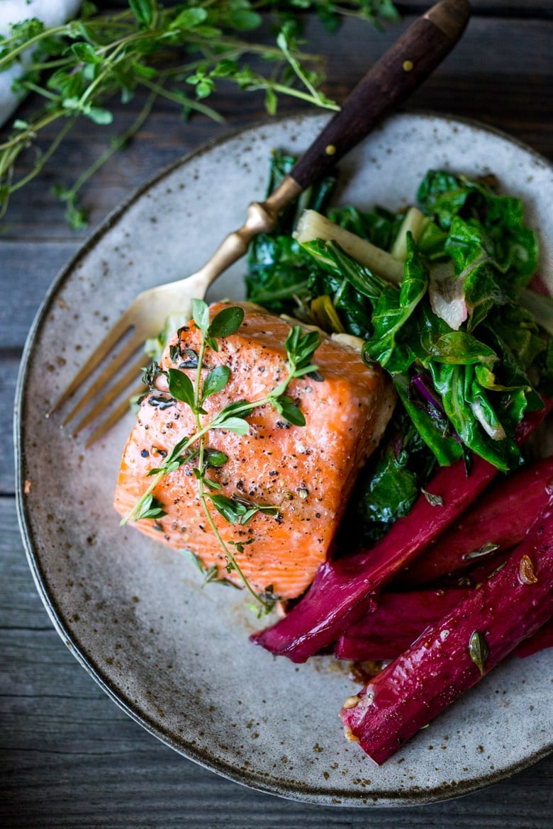 Roasted Salmon with Savory Rhubarb and Chard- a quick healthy meal that can be made in 30 minutes. |www.feastingathome.com