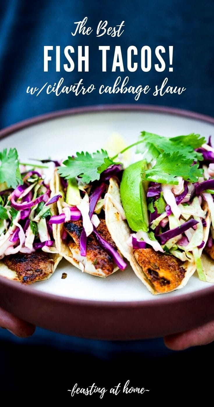 Grilled Fish Tacos with Cilantro Lime Cabbage Slaw (Grilled, Baked or Stovetop)