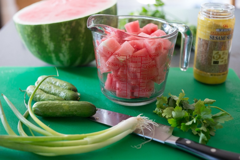 A refreshing and delicious recipe for Watermelon Shiso Salad- a great vegan substitute for ahi, in a Poke Bowl! | www.feastingathome.com