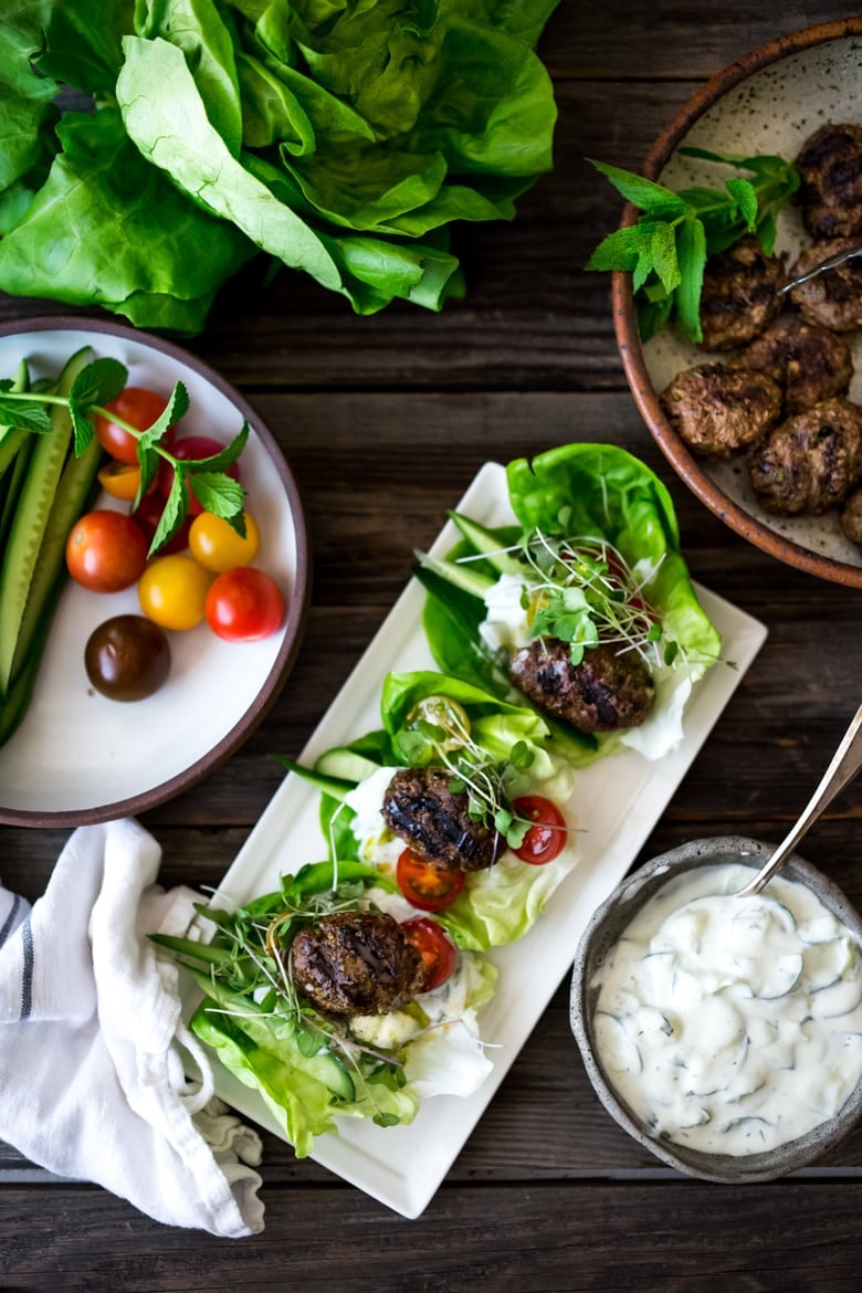 Lamb Kofta Lettuce Wraps served with Tzatziki Sauce! Juicy and delicious, bursting with Middle Eastern flavor! | #kofta #lambkofta #lettucecups #lettucewraps www.feastingathome.com