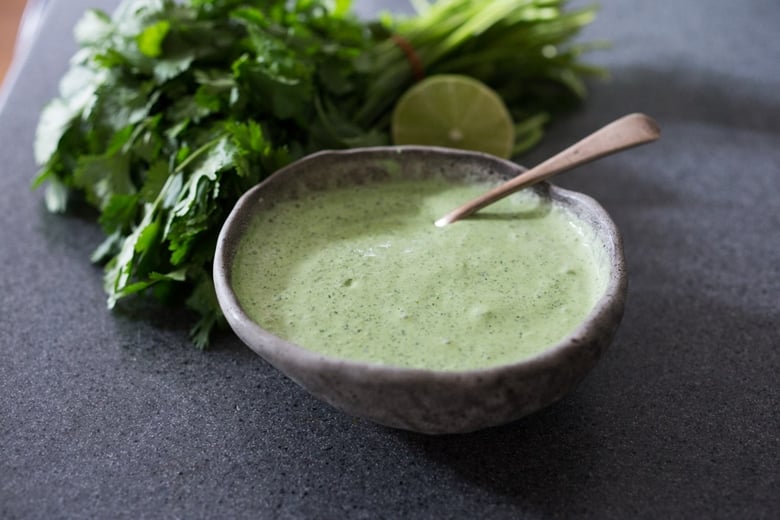 Peruvian-inspired Grilled Chicken Skewers with Avocado Aji Verde Sauce