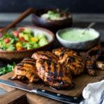 Grilled Peruvian Chicken with Cilantro Sauce and Avocado Tomato Salad - or make a vegetarian version with grilled portobellos! | www.feastingathome.com