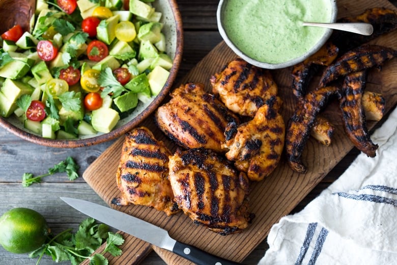 Peruvian-inspired Grilled Chicken Skewers with Avocado Aji Verde Sauce