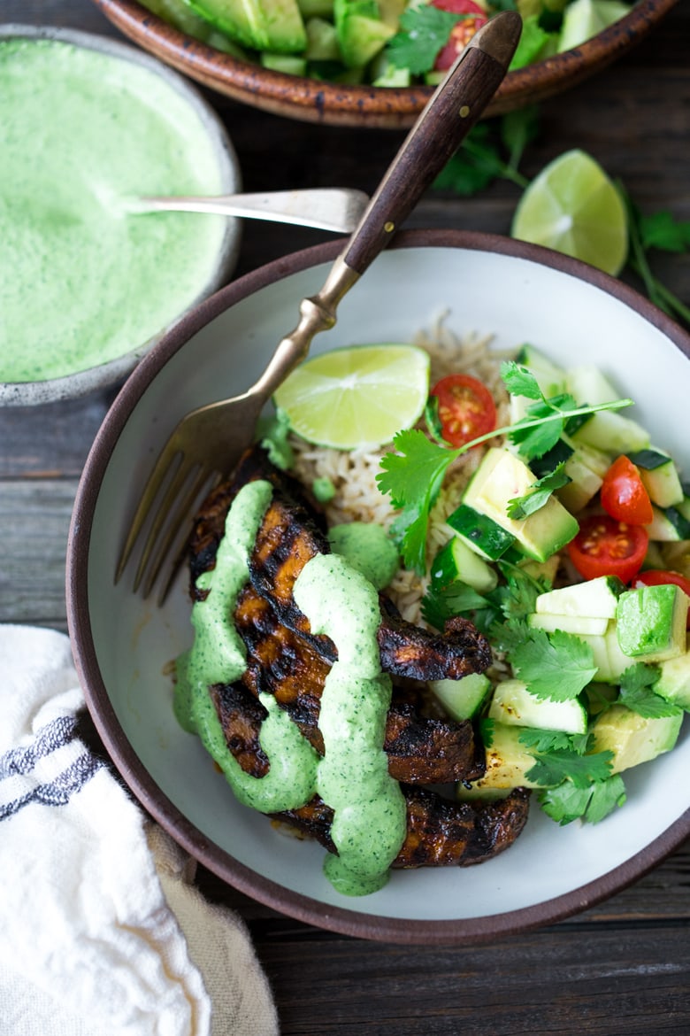 Grilled Peruvian Chicken (Pollo a la Brasa) with Spicy Green Sauce and Avocado Tomato Salad! | www.feastingathome.com