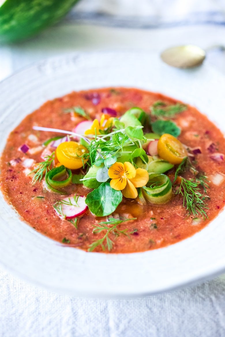 20 Healthy Summer Dinner Recipes! Cool and refreshing Watermelon Gazpacho with avocado, cucumber and sprouts. A easy chilled soup for summer! | 