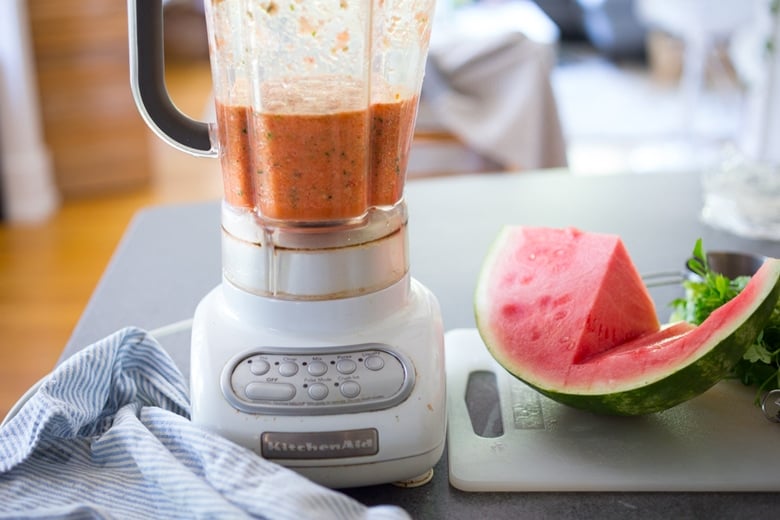 blended watermelon gazpacho, in a blender