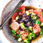A simple delicious recipe for Watermelon Shiso Salad with Cucumber, Sesame Seeds and Scallions - a light and refreshing Asian style Watermelon Salad that is vegan, gluten-free and full of flavor! #watermelonsalad #shiso #shisorecipe #watermelon