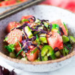 A simple delicious recipe for Watermelon Shiso Salad with Cucumber, Sesame Seeds and Scallions - a light and refreshing Asian style Watermelon Salad that is vegan, gluten-free and full of flavor! #watermelonsalad #shiso #shisorecipe #watermelon