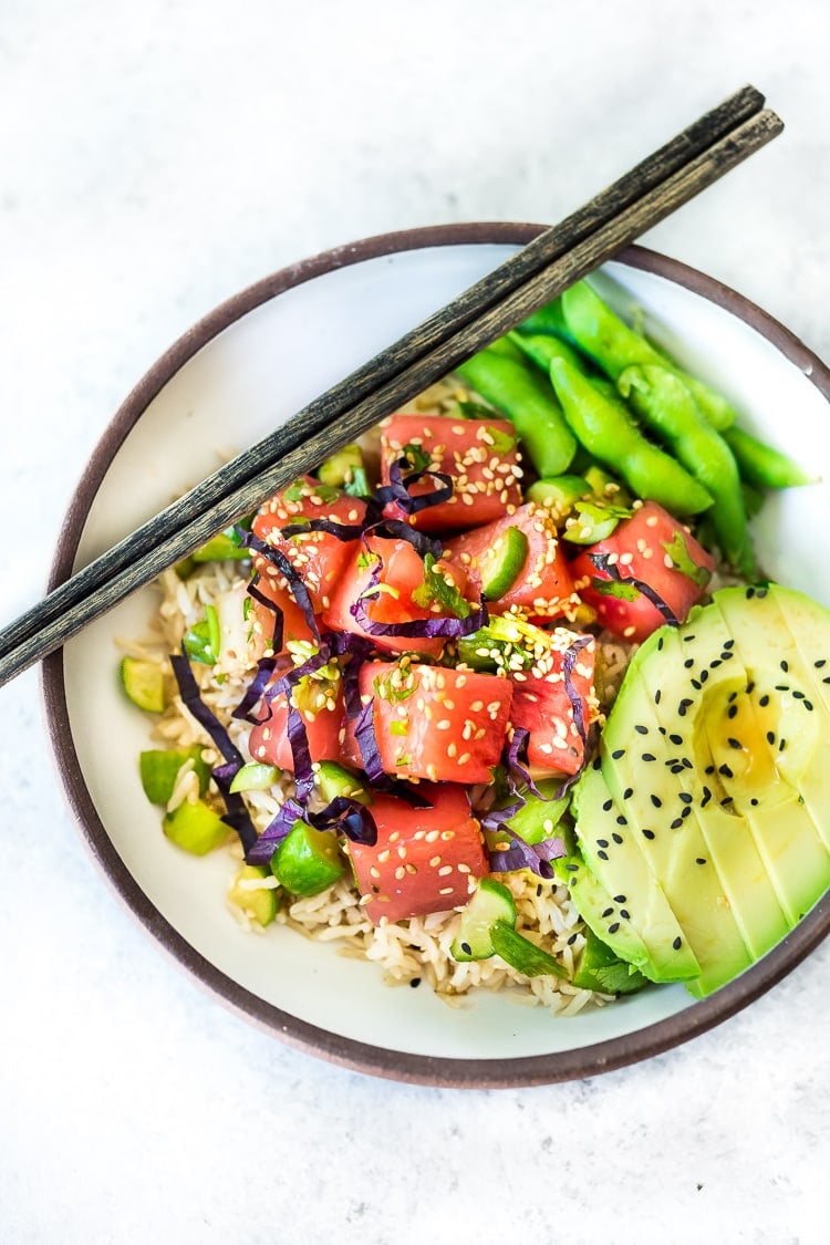 A simple delicious recipe for Watermelon Salad with Shiso leaves, Cucumber, Sesame Seeds and Scallions - a light and refreshing Asian style Watermelon Salad that is vegan, gluten-free and full of flavor! #watermelonsalad #shiso #shisorecipe #watermelon 