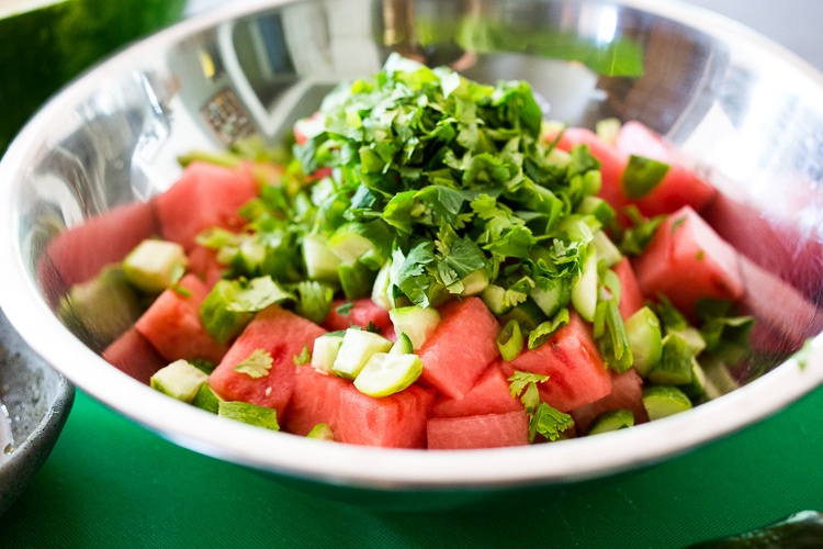A simple delicious recipe for Watermelon Shiso Salad with Cucumber, Sesame Seeds and Scallions - a light and refreshing Asian style Watermelon Salad that is vegan, gluten-free and full of flavor! #watermelonsalad #shiso #shisorecipe #watermelon