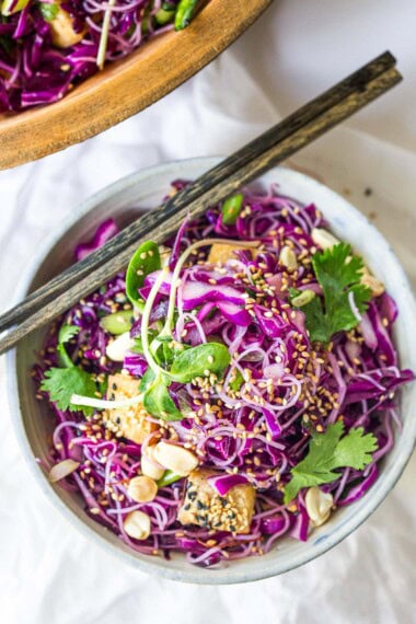 This Asian noodle salad is so tasty! Made with shredded purple cabbage, rice noodles, crispy tofu, scallions, cilantro, and crunchy roasted peanuts in a delicious Asian Dressing. Vegan, Gluten-free! 