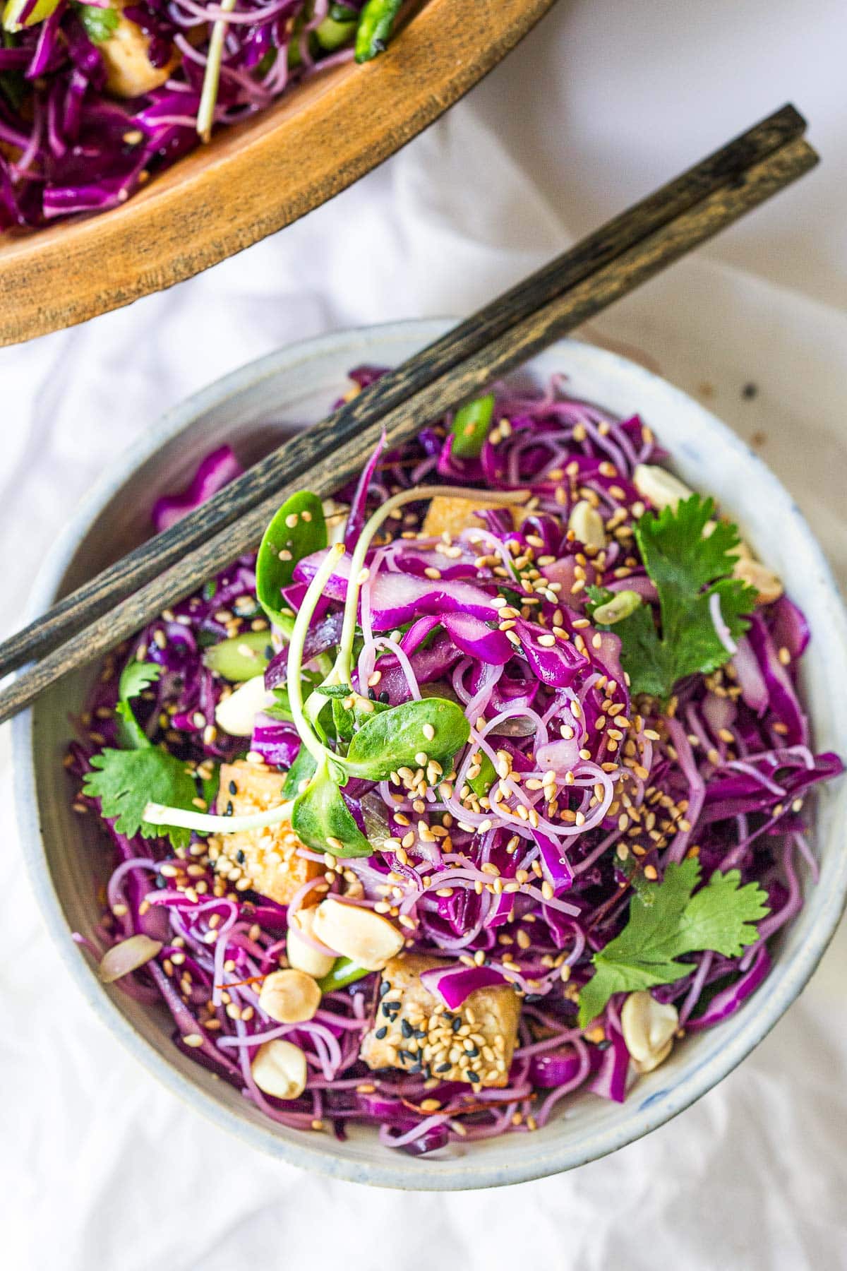 This Asian noodle salad is so tasty! Made with shredded purple cabbage, rice noodles, crispy tofu, scallions, cilantro, and crunchy roasted peanuts in a delicious Asian Dressing. Vegan, Gluten-free! 