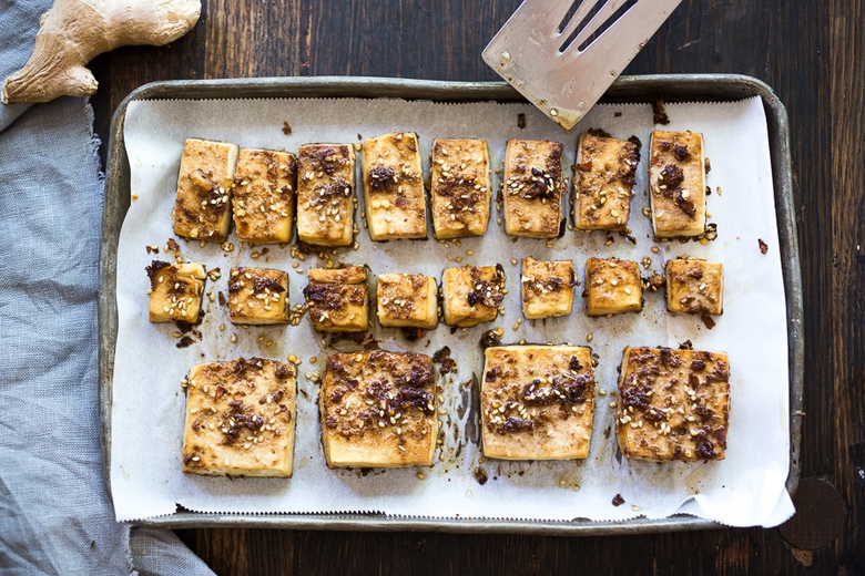 baked tofu on a sheet pan