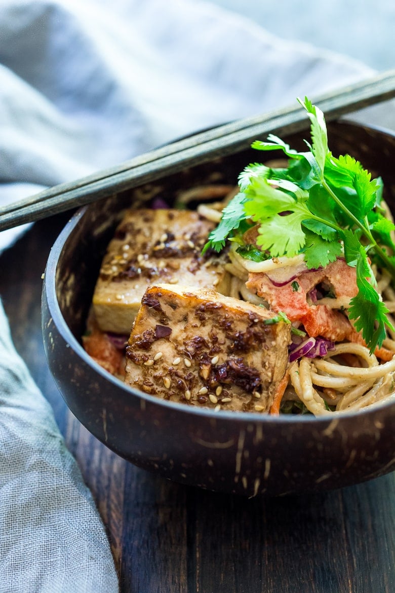 Baked tofu on top of Thai noodle Salad 