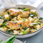 Fresh Corn Chowder with basil and white fish -a light and healthy summery dinner that can be made in under 30 minutes. Use halibut, cod, sea bass, salmon or scallops!