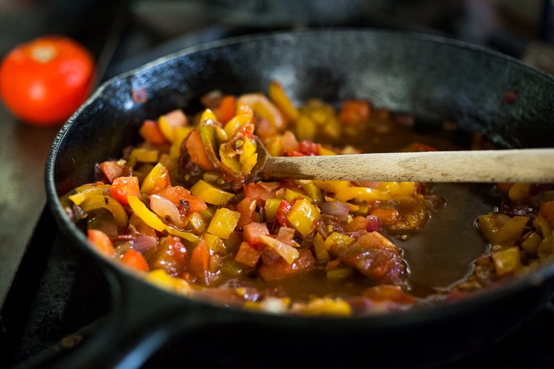 Spanish White bean, Shrimp and Sausage Skillet- a simple, healthy & flavorful, one-pan meal that can be on the table in 20 minutes! | www.feastingathome.com