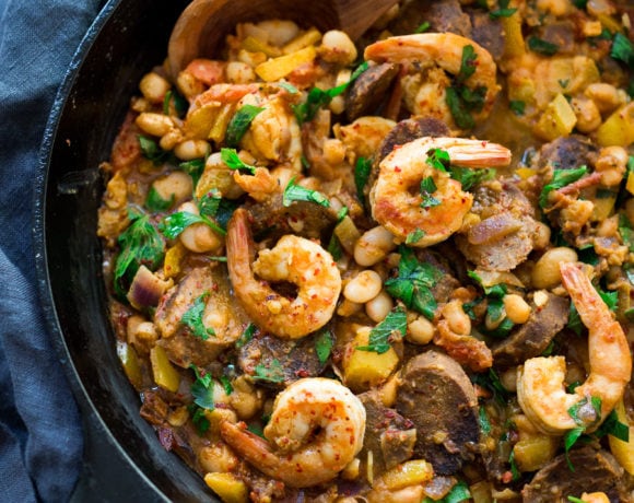 Spanish White Bean Shrimp And Sausage Skillet Feasting At Home