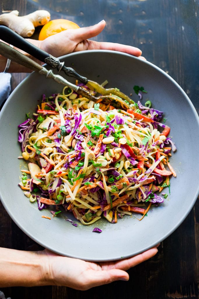 Thai Noodle Salad with Peanut Sauce- loaded up with healthy veggies and the BEST peanut sauce eeeeeeeeeever! Vegan & Gluten-Free | www.feastingathome.com