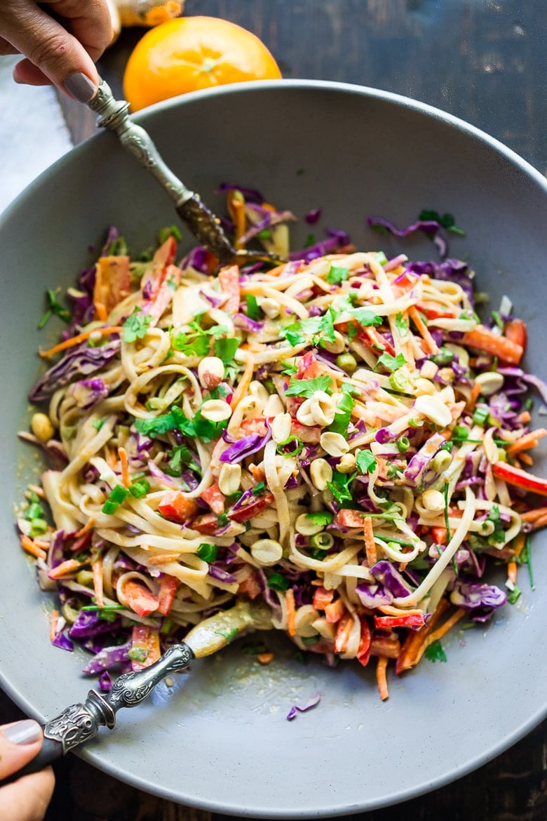 Vegan Thai Noodle Salad with Peanut Sauce in a bowl.