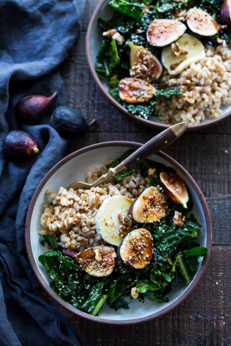 Farro Bowl with Kale Figs and Goat Cheese - a simple healthy meal, perfect for mid week lunches. Quick and Easy! | www.feastingathome.com