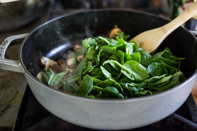 A simple, flavorful no-boil, Mushroom Baked Ziti with Spinach and Ricotta ( or sub tofu ricotta) that can be made in one pan and requires no pre-boiling of pasta. Perfect for weeknight dinners! #noboil, #ziti, #vegan | www.feastingathome.com