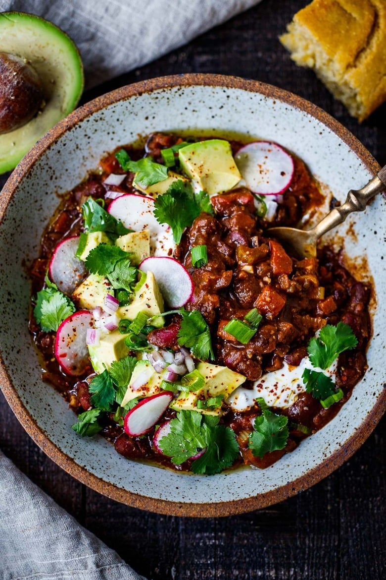 Our favorite Vegan Chili -full of depth and flavor and loaded up with healthy veggies. #veganchili 