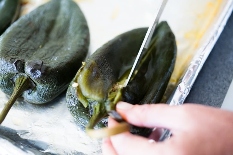 Roasted Black bean Chile Rellenos Recipe- a healthy lightened up version that is roasted instead of fried and is gluten free and vegan adaptable! | www.feastingathome.com