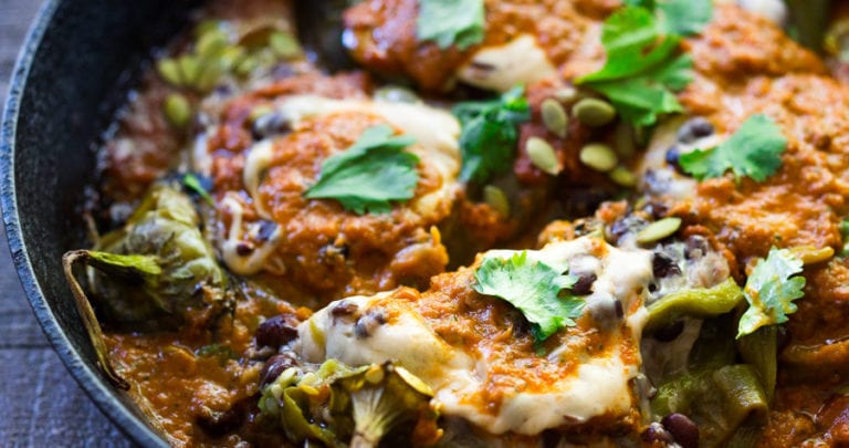 A vegan adaptable, Roasted Chile Rellenos Recipe - that is lightened up with the additon of black beans and roasting vs. frying! Delicious and healthy!