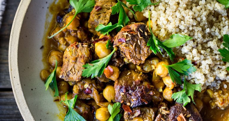 Instant Pot Middle Eastern Lamb Stew with chickpeas and fragrant spices- a simple flavorful wholesome meal. Serve over quinoa, basmati rice or cauliflower "rice". | www.feastingathome.com